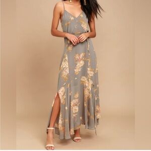 Lulu's Gray and Pink Slit Maxi Dress Spaghetti Strap Sundress